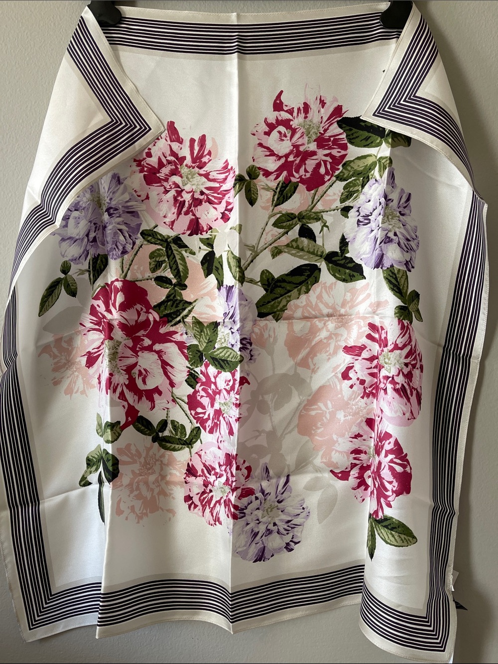 Ann Taylor Silk Floral Scarf in White with Pink and Purple Blooms